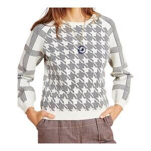 Anthropologie Bailey Windowpane Houndstooth Sweater White Gray Pullover Size S
